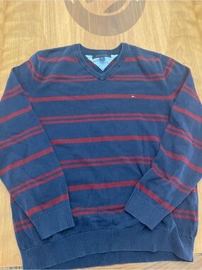 Tommy Hilfiger Navy V-Neck Sweater with Red Stripes